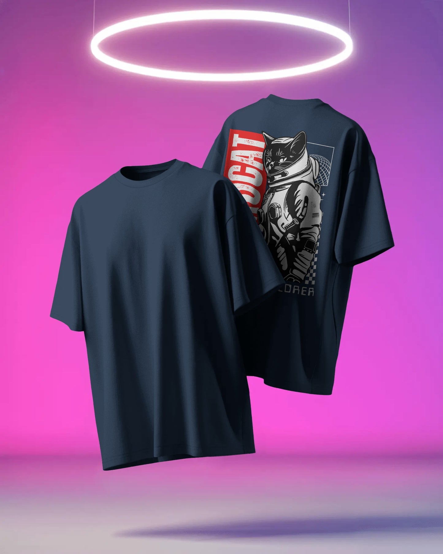 SPACE CAT DESIGN DTF printed 240 GSM 100% Cotton Oversized T-Shirt – Premium Heavyweight Fabric