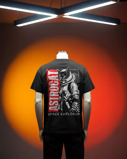 SPACE CAT DESIGN DTF printed 240 GSM 100% Cotton Oversized T-Shirt – Premium Heavyweight Fabric